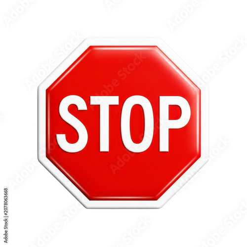 Red stop sign octagonal shape with white border and text warning to halt traffic movement.