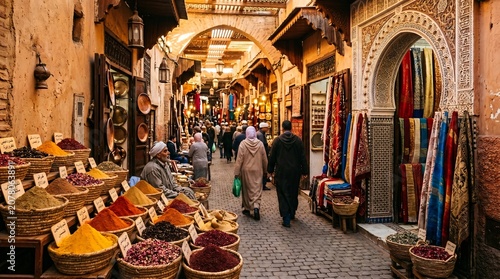 Vibrant Moroccan Street Market with Colorful Spices and Textiles.