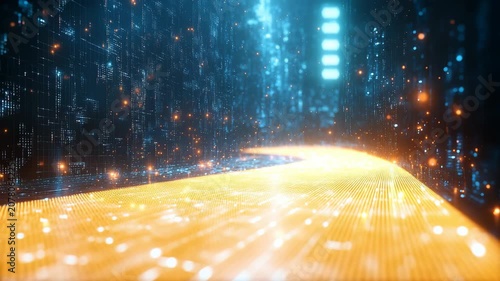 Futuristic digital data stream moving through a glowing cyber network. Abstract technology background for AI, cloud computing, server infrastructure and big data.