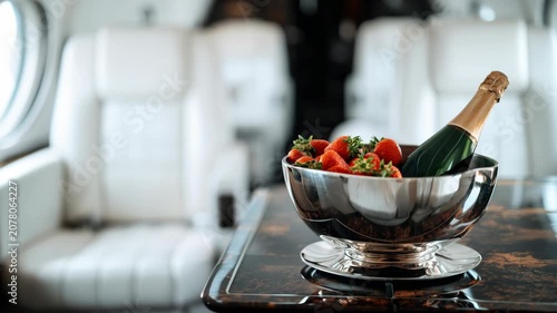 Luxurious champagne bottle and fresh strawberries in silver bowl inside private jet cabin. Premium lifestyle concept for elite travel and celebration atmosphere.
