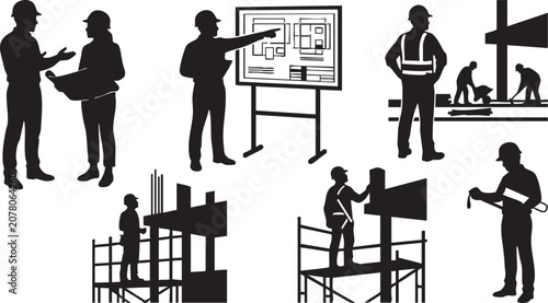Fotografie Construction worker silhouettes depicting various roles and tasks against a whit