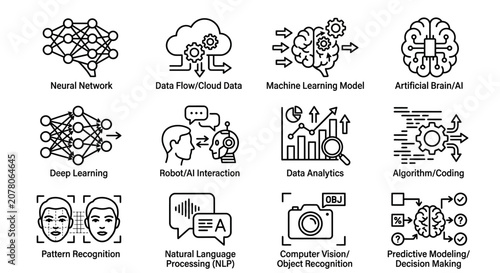 Artificial intelligence and machine learning technology outline icons depicting neural network data processing.
