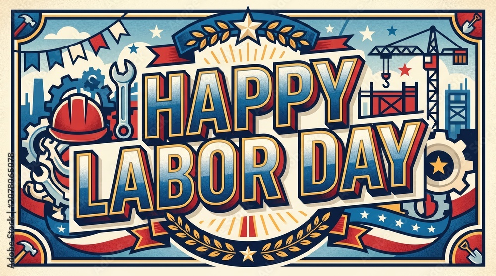 Fototapeta premium Happy canadian labour day greeting with construction elements