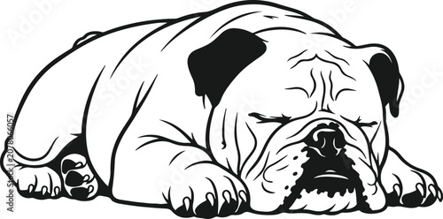 Foto Sleeping Bulldog Silhouette: A classic black and white illustration depicts a large bulldog peacefully asleep, its distinctive wrinkled face and stocky build captured in a simple yet powerful outline