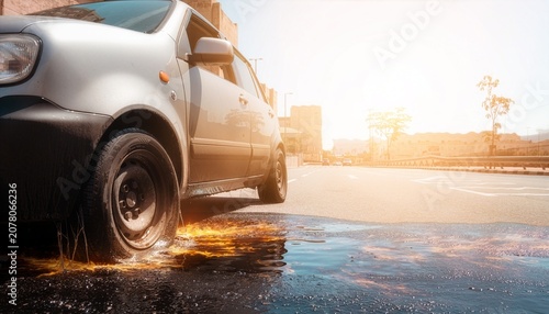 Car Tire Driving Through Water on Wet Street in Residential Neighborhood, Close-Up Splash