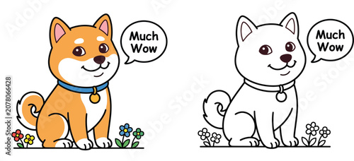 Fotografía Cute Cartoon Shiba Inu Doge Puppy Much Wow Coloring Page and Colored Vector Illu