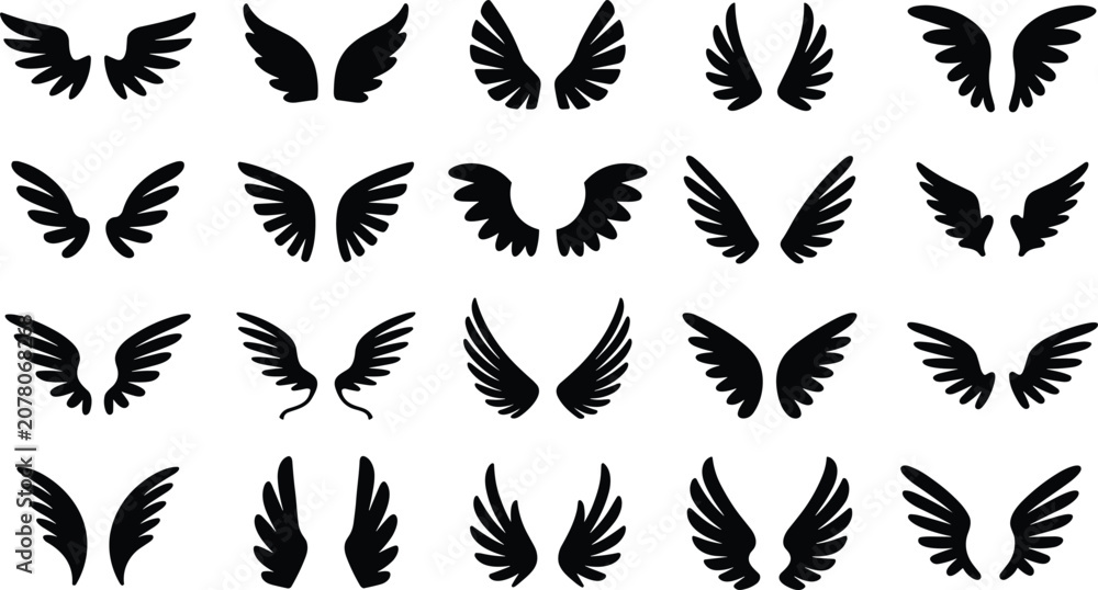 Obraz premium Collection of black silhouette angel wings in various styles and sizes white background