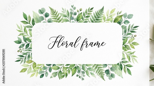 A floral frame with green leaves surrounds a white rectangle with elegant text.