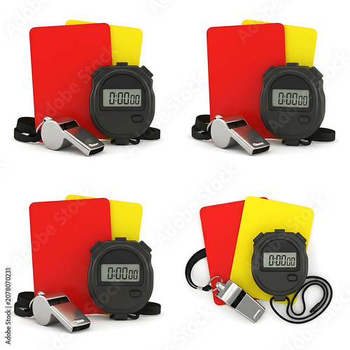 Soccer referee kits featuring digital stopwatches whistles and penalty cards, various soccer referee