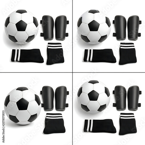 Soccer player protection gear including black shin guards striped socks and classic football