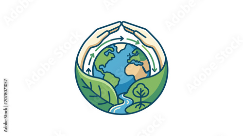Eco Friendly Planet Earth Icon with Protective Hands and Sustainable Leaves