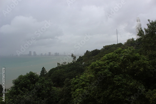 White statue overlooking coastal city under grey cloudy sky on hill with trees.