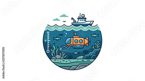 Submarine Exploration Vector Illustration Underwater Scene