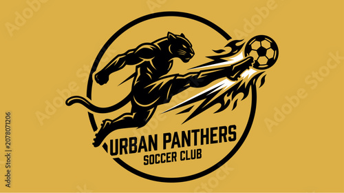 Obraz na plátně Dynamic black panther mascot kicking a fiery soccer ball for Urban Panthers Soccer Club logo on a gold background, representing strength and speed