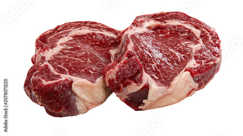 фотографія Two raw marbled beef steaks marbled with fat, isolated on transparent background