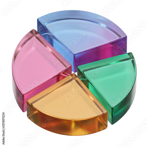 Colorful pie chart sections, shiny 3D pie chart, rainbow pie chart, business infographic elements isolated on Transparent Background