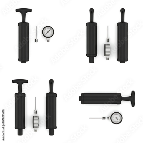 Four compositions of black hand air pumps with pressure gauges pressure inflation equipment isolated