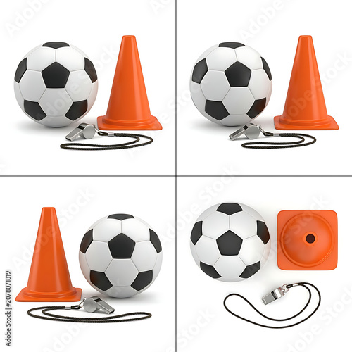 Collection of soccer training equipment including balls cones and whistles with training, equipment