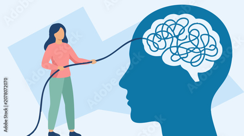 Woman untangling chaotic thoughts in a person's brain, mental health therapy concept
