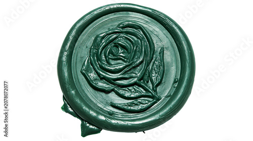 Green wax seal with embossed rose design, isolated on transparent background
