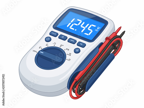 Featuring a digital multimeter with a clear blue LCD screen, this illustration represents a modern tool for electrical measurement in various technical and DIY applications.