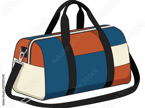 This image showcases a vibrant vintage duffle bag featuring a bold color combination of orange, blue, and white, perfect for fashion and travel enthusiasts.