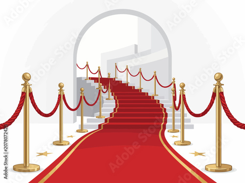 A luxurious red carpet stretched on a grand staircase, symbolizing glamour and celebration, ideal for events like awards shows or movie premieres.