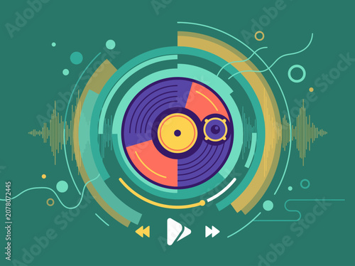 This vibrant image features a stylized vinyl record surrounded by colorful sound waves and abstract shapes, symbolizing the joy of music and creativity.