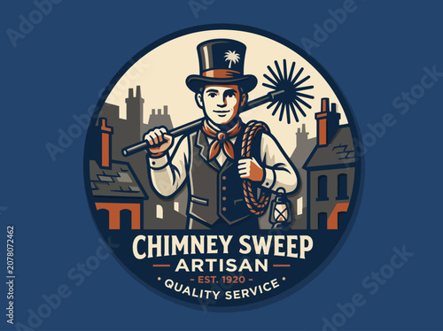 An appealing logo illustration of a chimney sweep artisan holding tools, capturing the charm of traditional craftsmanship and quality service in a minimalist design.