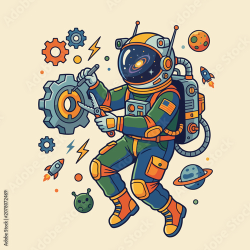 This whimsical image depicts an astronaut working on gear in space, surrounded by colorful planets and rockets, capturing the imagination of exploration and adventure in the cosmos.