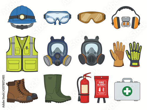 A comprehensive display of essential safety gear including hard hats, gloves, goggles, and safety vests, emphasizing workplace safety measures in industrial and construction settings.
