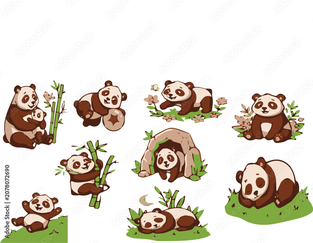 Fototapeta premium Set of cute panda bear characters in various activities and poses including eating bamboo, sleeping, playing, and resting in a cave illustration.