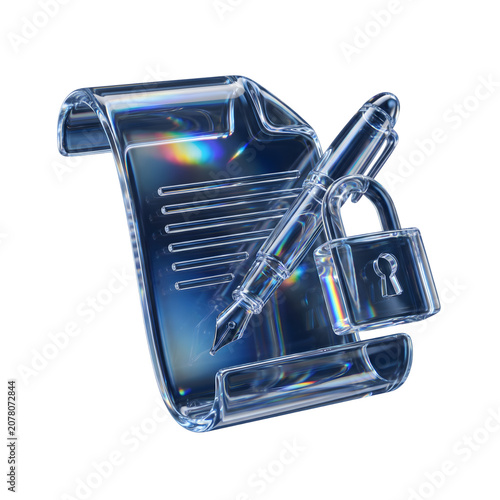 3D, holographic, transparent document, fountain pen, lock, security concept isolated on Transparent Background