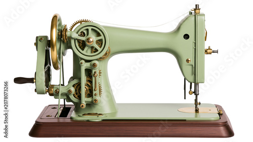 Bilde på lerret Vintage green sewing machine with brass gears and wooden base, isolated on trans