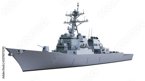 Quadro su tela Modern grey warship with radar mast and gun, isolated on transparent background
