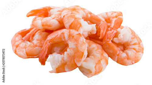 Pile of cooked peeled shrimp, isolated on transparent background