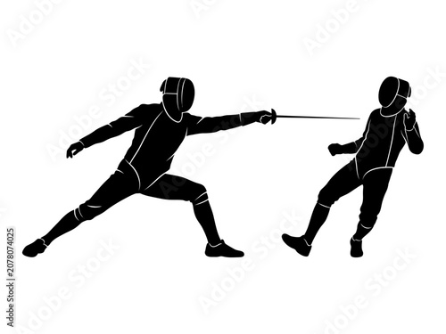 Fotografie Two fencers in action during a bout a dynamic black silhouette