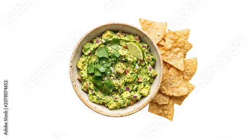 Canvas Print Green guacamole with tortilla chips and cilantro, isolated on transparent backgr