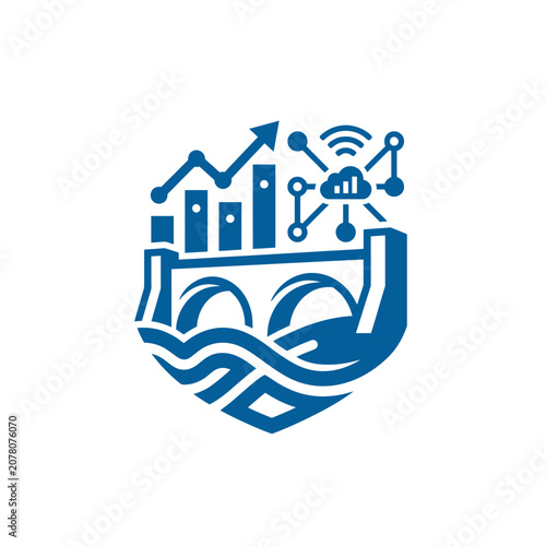 A blue digital icon showing data growth and network connectivity
