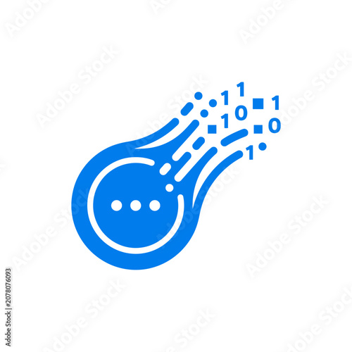 A blue digital icon showing data streaming into a circle