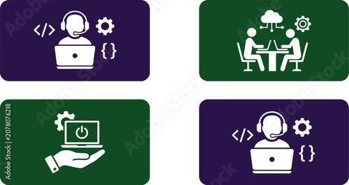 Four flat modern white vector icons showing software developers and technical support staff working on laptops with code symbols inside dark green and purple rectangles.