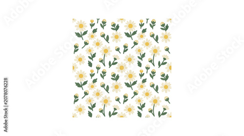 Seamless Pattern of White Daisies and Green Leaves on White Background