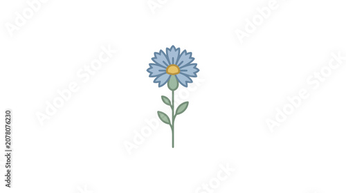 Simple Blue Flower with Green Stem and Leaves on White Background