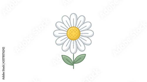 Simple Daisy Flower Icon with Green Leaves on White Background