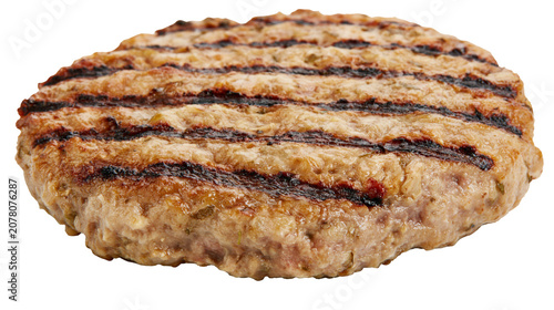 Obraz na plátně Juicy grilled beef burger patty with dark grill marks, isolated on transparent b