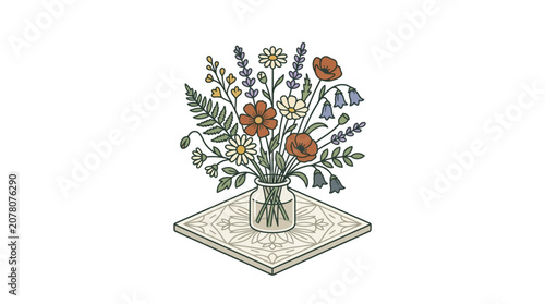Vase of Wildflowers and Poppies on Decorative Tile, Illustration