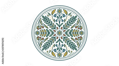 Vintage Floral Mandala Circle Design with Leaves and Berries, Geometric Pattern