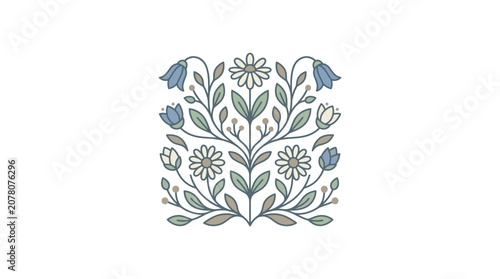 Symmetrical Floral Illustration with Flowers and Leaves, Pastel Colors