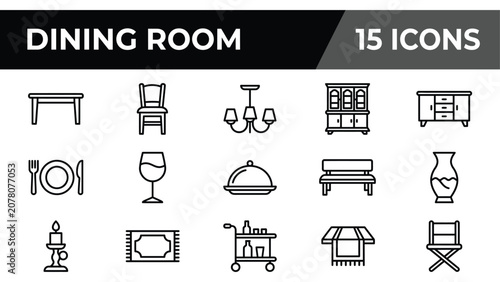 Dining Room Icons Set: Table, Chairs, Chandelier, Cabinet, Buffet, Place Setting, Wine Glass, Food Cover, Bench, Vase, Candle Holder, Rug, Bar Cart...