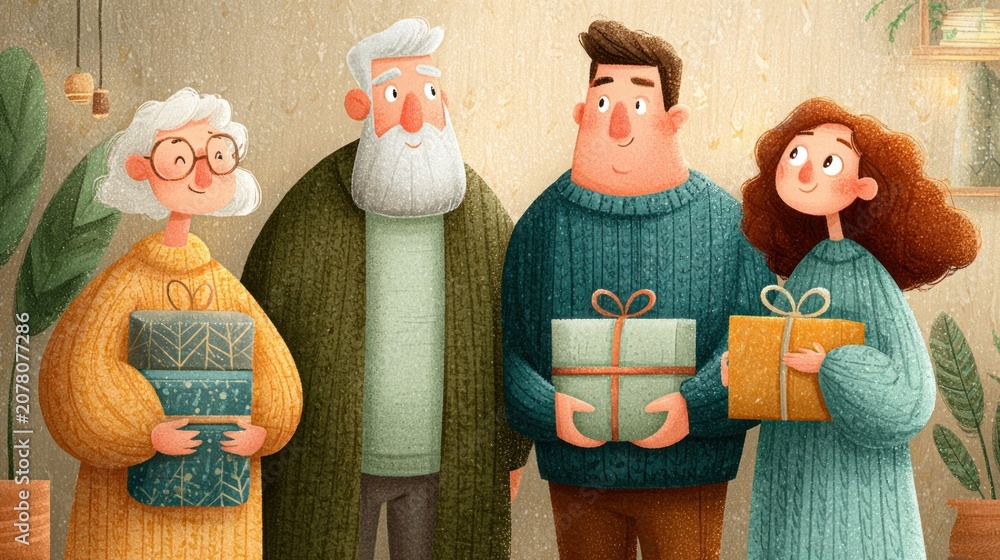 Fototapeta premium People exchanging Christmas gifts, happy and festive moment indoors